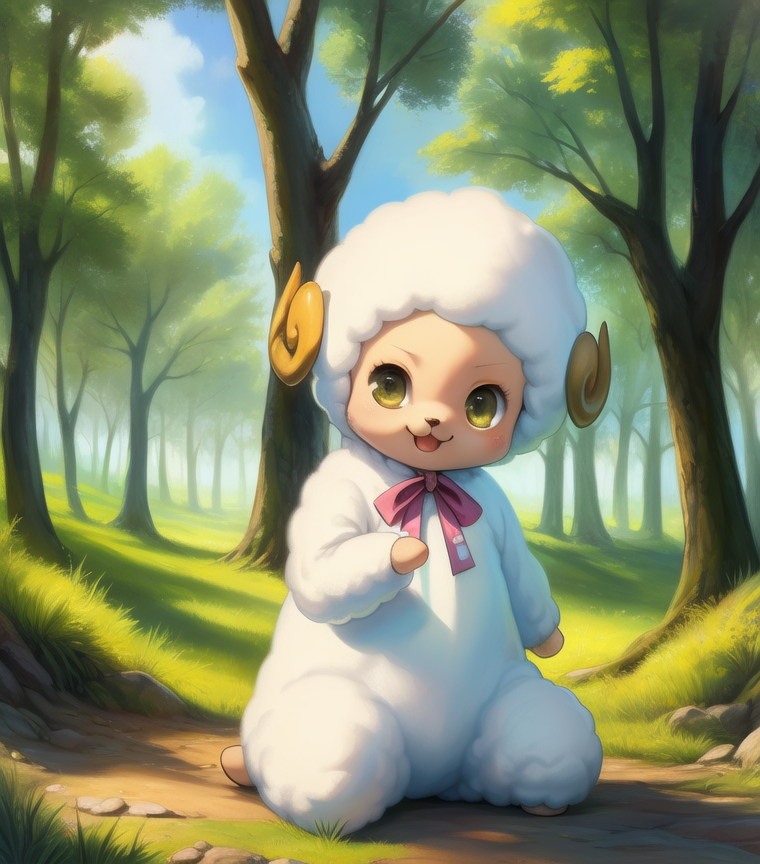 02977-2135753673-_lora_MacaronABPN1_1_ MacaronABPN1, sheep, white wool, brown eyes, neck ribbon, ram's horn, chibi, small body, solo, _(looking a.png